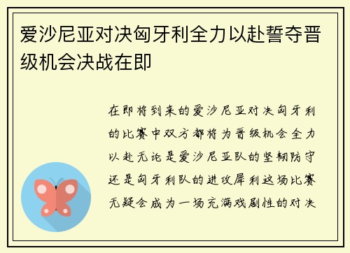 爱沙尼亚对决匈牙利全力以赴誓夺晋级机会决战在即